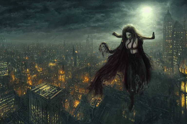 Image similar to Beautiful Pale Vampire Flying over a dimly lit metropolis in the dead of night, fantasy, professional illustration by Seb McKinnon, ArtGerm, WLOP, scenic, cinematic lighting, detailed