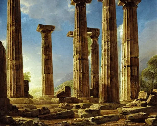 Prompt: ruins of ancient greek temple to zeus by hubert robert,