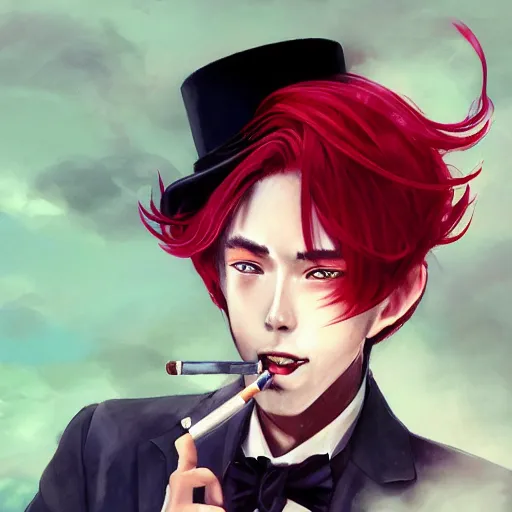 Prompt: semi realistic anime illustration of top hat wearing red haired effeminate man, with cigarette in mouth, with beautiful hyperdetailed eyes, facing camera directly, full face portrait made by Stanley Artgerm, WLOP, Rossdraws, James Jean Andrei Riabovitchev, Marc Simonetti, Yoshitaka Amano, Artstation