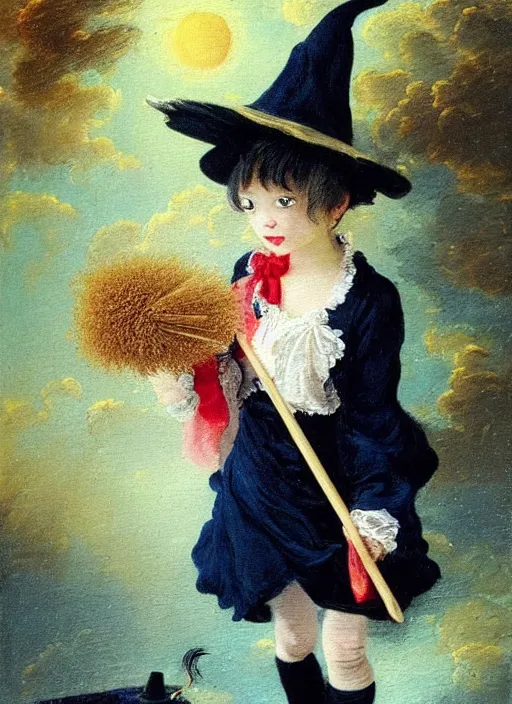 Image similar to little cute witch in an oil painting by jean - honore fragonard, portrait, with a broom, bob cut black hair, red bow in the hair, asian girl, intricate details, symmetrical face, sky in the background, stars, sparkles, glitter, sunset, epic lighting, soft vibes, navy blue red and black tones, ghibli tones, cinematic