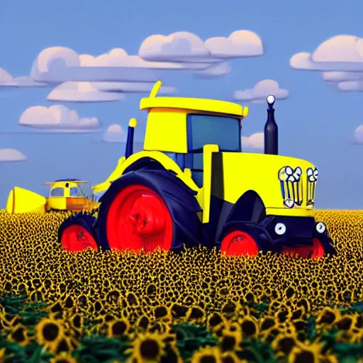 Image similar to a tractor with a ukrainian blue and yellow flag in a sunflower field by goro fujita, 3 d octane render, 8 k, trending on artstation