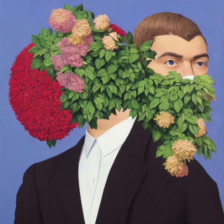 Image similar to portrait of man in a suit with flowers hiding his face by rene magritte, detailed painting, hd, hq, high resolution, high detail, 4 k, 8 k