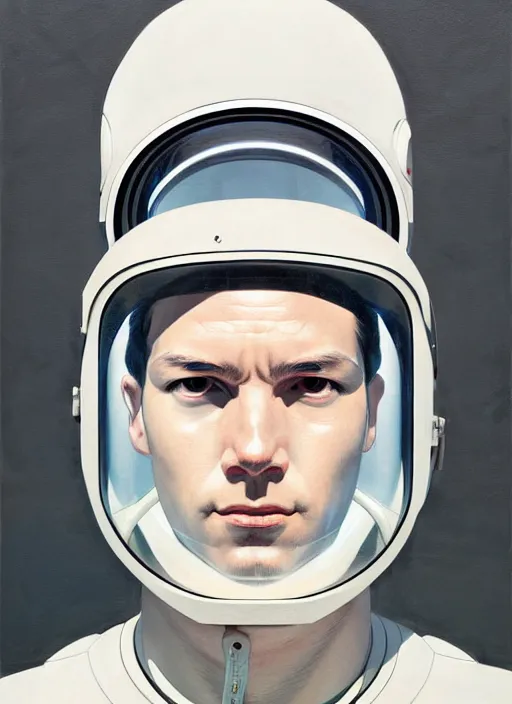 Image similar to artwork by james jean and Phil noto; a close up on the face of a beautiful man in a future space suit; wearing futuristic astronaut helmet; highly detailed; pretty eyes; circular black pupils; artwork by james jean and Phil noto