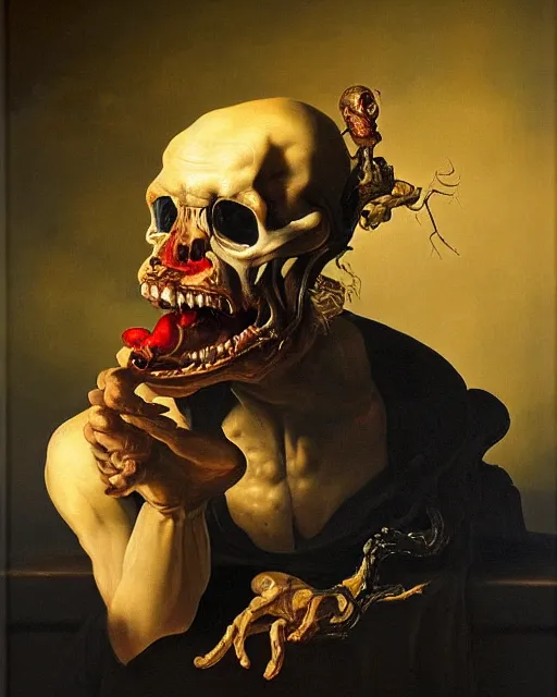 Image similar to refined gorgeous blended oil painting with black background by christian rex van minnen rachel ruysch dali todd schorr of a chiaroscuro portrait of an extremely bizarre disturbing mutated man with shiny skin acne dutch golden age vanitas intense chiaroscuro cast shadows obscuring features dramatic lighting perfect composition masterpiece