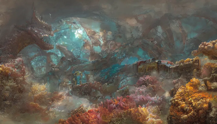 Prompt: craig mullins and ghibli digital illustration of a dragons entwine train, ocean depths, corals and schools of fish unreal engine, hyper realism, realistic shading, cinematic composition, realistic render, octane render, detailed textures, photorealistic, wide shot