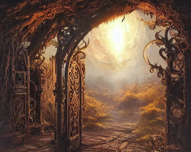 Image similar to large rustic intricately decorated wood gate, a view to an eerie fantasy world, glowing sphere, ethereal back light, mist, coherent composition, detailed fantasy painting by artgerm, noriyoshi ohrai, yuumei