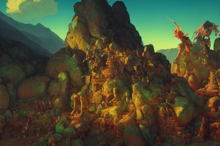 Image similar to skeletons attacking a tibetian temple in the mountains, beautiful day, concept art, beautiful, by maxfield parrish, by gustave dore, by peter mohrbacher, sharp focus, vivid color, rainbowshift, octane render, cgi, rule of thirds