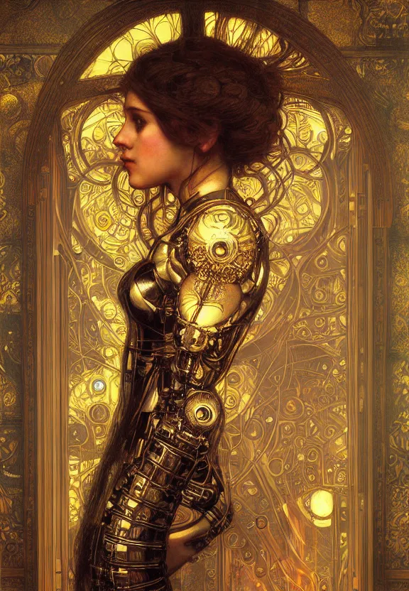 Prompt: picture portrait of a mechanical girl, ornamental, photorealistic, photorealism, cinematic atmosphere, elaborate, highly detailed, ornate, futuristic, dramatic lighting, 4 k, by waterhouse, mucha, klimt,
