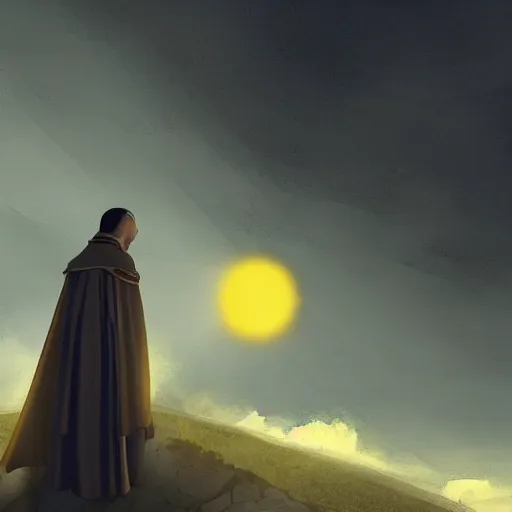 Image similar to A terrified catholic priest in his twenties at the top of a medieval tower watches as an ominous yellow shadow descends upon him from the night sky. He is seen from above fervently praying. Dramatic lighting. Award-winning digital art, trending on ArtStation