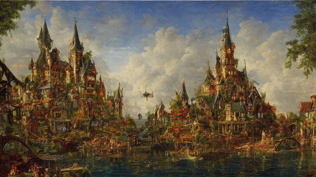 Image similar to an old enchanted fantasy town, viewed from the harbor, by jean - baptist monge,