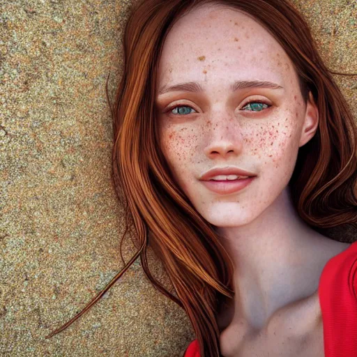 Prompt: portrait of a cute thin young woman, bronze brown hair, eye color is emerald green, red blush, cute freckles, smug smile, modern clothes, relaxing on the beach, golden hour, close up shot, 8 k, art by irakli nadar, hyperrealism, hyperdetailed, ultra realistic