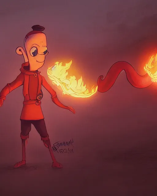 Prompt: wide shot, detailed photorealistic ( ( cartoony ) ) face, squidward, wearing fire nation clothing and practicing firebending outside at susnset, [ greg rutkowski ]