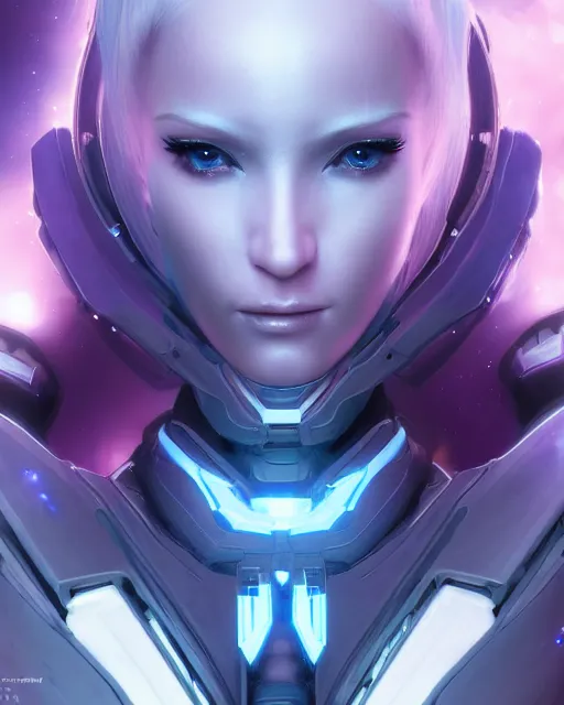 Image similar to perfect android girl on a mothership, warframe armor, beautiful face, scifi, futuristic, galaxy, nebula, raytracing, dreamy, long white hair, blue cyborg eyes, sharp focus, cinematic lighting, highly detailed, artstation, divine, by gauthier leblanc, kazuya takahashi, huifeng huang