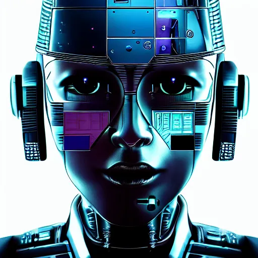 Prompt: portrait of an android, staring at the viewer, cyberpunk, futuristic, hd, highly detailed,