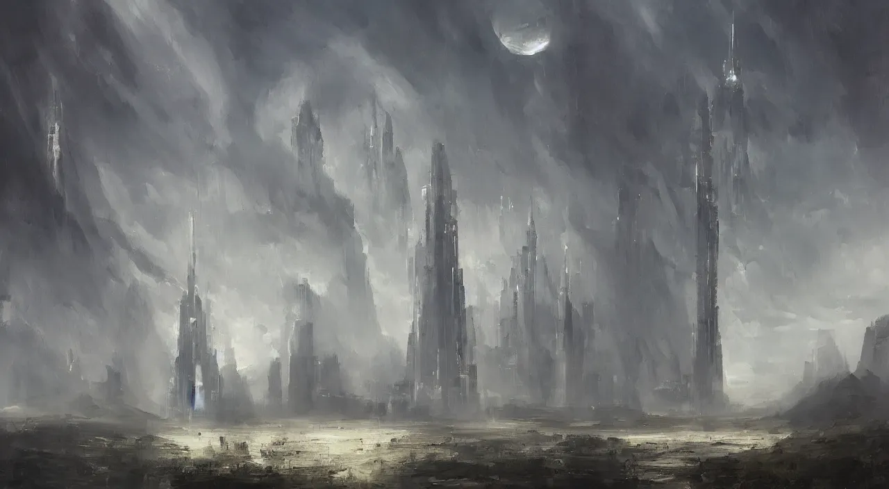 Image similar to a futuristic landscape of a tall tower,