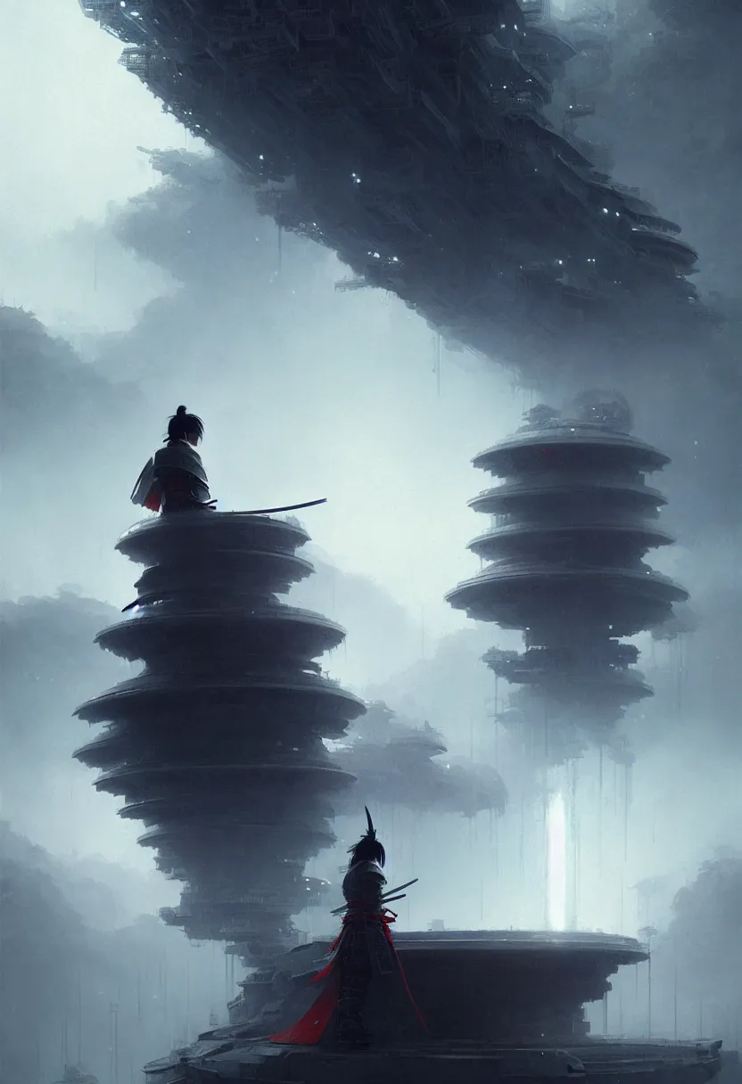 Image similar to samurai on a spaceship eating cup noodles, ultra high definition, ultra detailed, symmetry, fog, matte painting, by greg rutkowski and ross tran and wlop