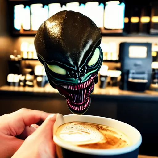 Prompt: The Xenomorph working at Starbucks, very detailed, portrait, digital artwork, 8k, masterpiece.