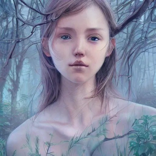 Image similar to artist james jean and sam spratt beautiful illustration of a natural women in a serene forest, high detail, artstation, natural colors, peaceful expression,