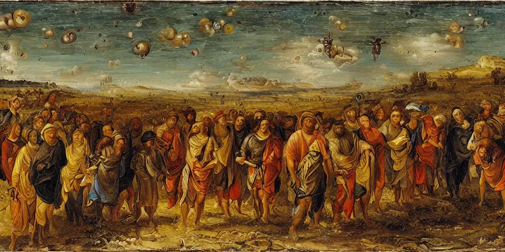 Prompt: A group of Ophanim with thousands of eyes covering their wheels hovers over a group of shepherds in a field, Theophanes, oil painting