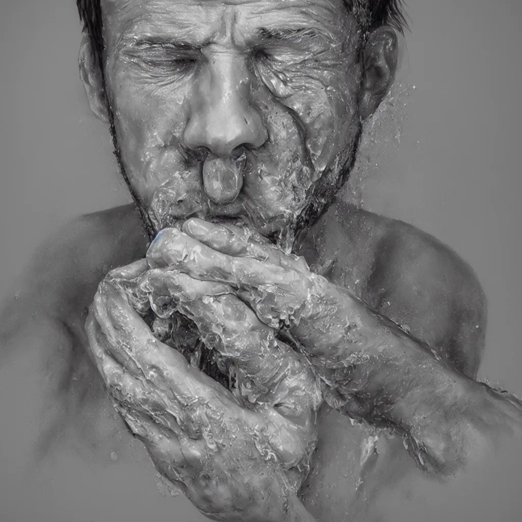 Prompt: hyper realistic sketch of a man washing his face by jono dry