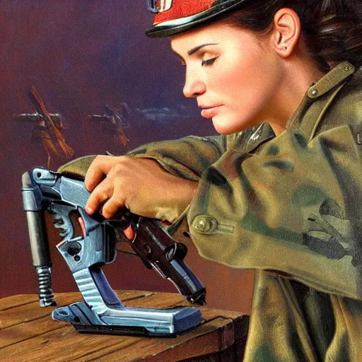 Image similar to a female soldier pressing a staple gun to her own head and looking depressed by thomas kincade realistic, high details