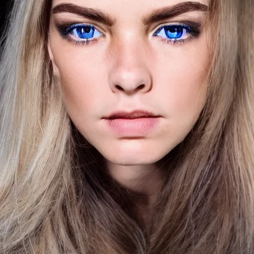 Prompt: her eyebrows were a shade darker than her hair. they were thick and almost horizontal, emphasizing the depth of her eyes. her face was captivating by reason of a certain frankness of expression and a contradictory subtle play of features. her manner was engaging. blue eyes, full body shot, walking on a fashion runway, 8 k,