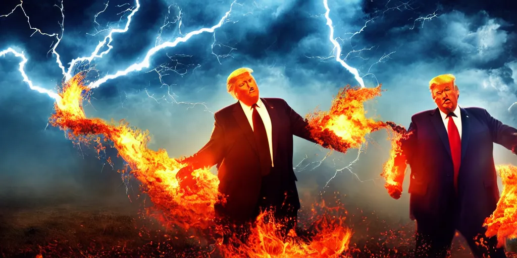 Prompt: obese donald trump casting fireballs, colorful hd picure, lightning in the background