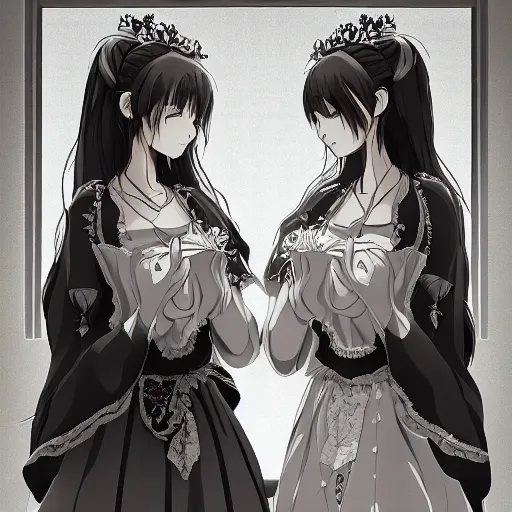 Image similar to a stare down between two beautiful maids standing face to face, detailed anime art