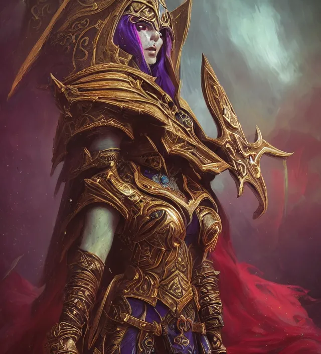 Image similar to Sylvanas Windrunner portrait, intricate ornate armor, subject in the middle of the frame, rule of thirds, golden ratio, elegant, digital painting, octane 4k render, zbrush, hyperrealistic, artstation, concept art, smooth, sharp focus, illustration from Warcraft by Ruan Jia and Mandy Jurgens and Artgerm and William-Adolphe Bouguerea