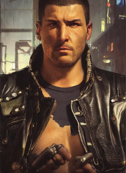 Image similar to big mike. cyberpunk boxer wearing a military vest and combat gear. (Cyberpunk 2077, bladerunner 2049). Round face. Iranian orientalist portrait by john william waterhouse and Edwin Longsden Long and Theodore Ralli and Nasreddine Dinet, oil on canvas. Cinematic, hyper realism, realistic proportions, dramatic lighting, high detail 4k