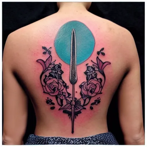 Prompt: a tattoo of a magic fork across a female back, rich beautiful colors