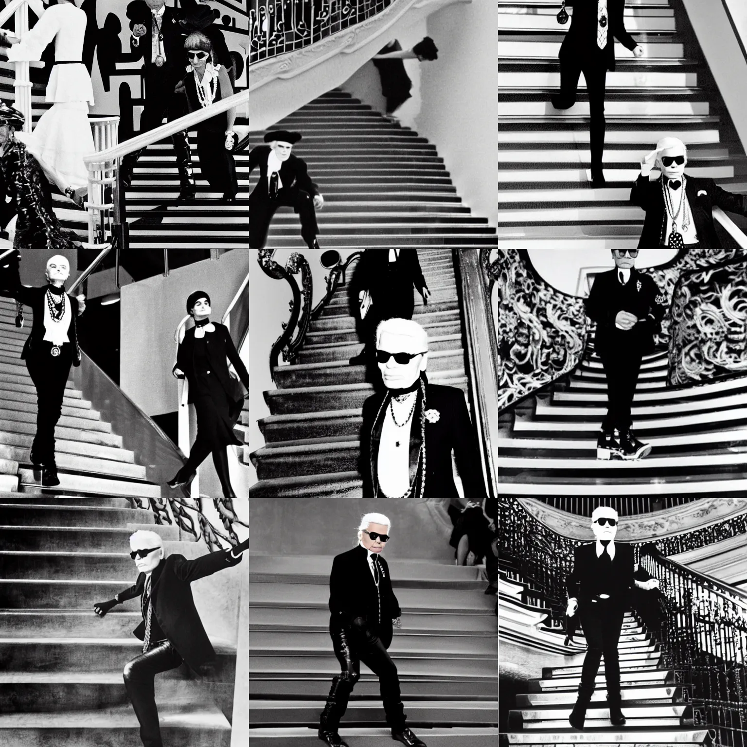 Prompt: Karl Lagerfeld falling down Coco Chanel’s staircase