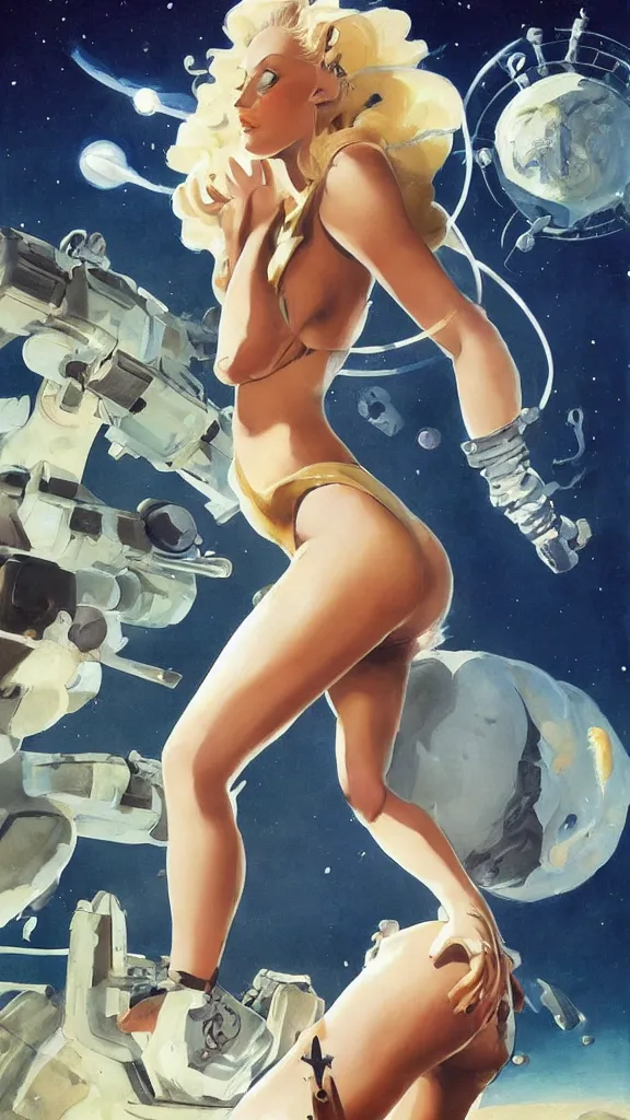 Image similar to A mixed media portrait painting of a beautiful blonde brunette woman exploring an alien planet, very curvy, aesthetic! high-waisted white-bikini-armor and boots, holding raygun, aesthetic symmetrical face and eyes, model, Scandinavian, wet, discarded mechsuit in background, by Frank Frazetta, Boris Vallejo, Beeple, Greg Rutkowski, Christian MacNevin, eighties-pinup style, epic fantasy character art, high fantasy, CGsociety, exquisite detail, post-processing, masterpiece, cinematic