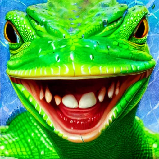 Image similar to zoey deschanel as a smiling laughing bright green lizard person, airbrush painting, hyper detailed, 8 k, photorealism, rule of thirds,.