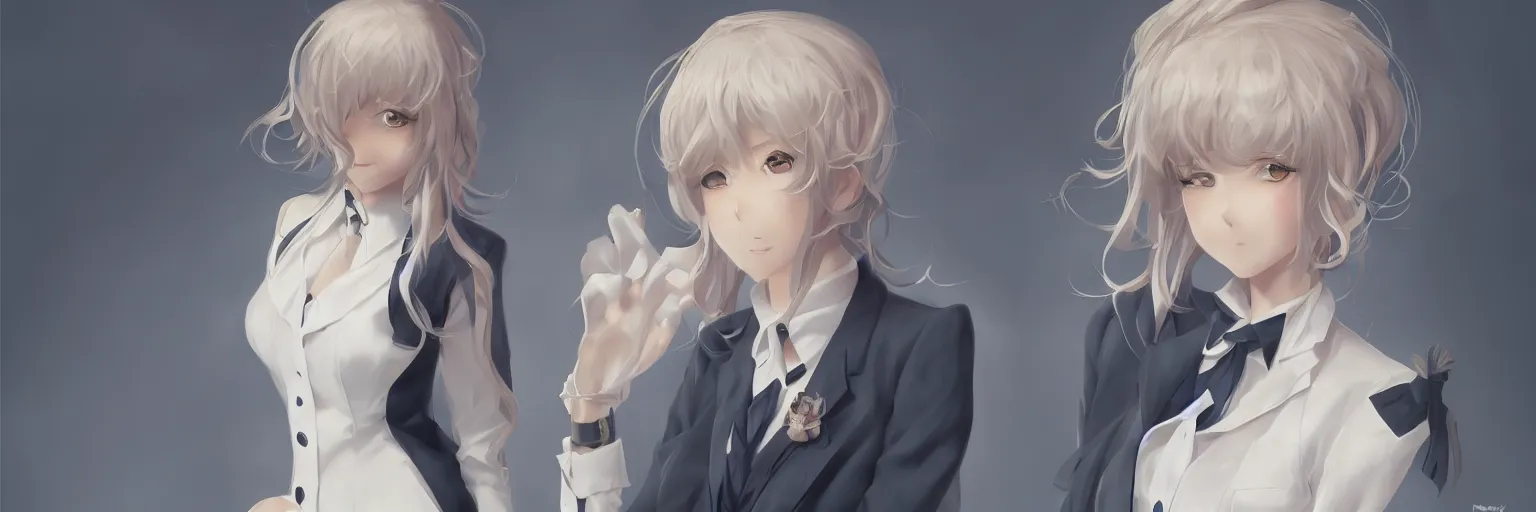 Prompt: full body character design of a beautiful anime girl in a formal suit, elegant, ultra highly detailed, digital painting, soft focus, artstation, sci-fi, award winning, top-down shot, grinning, art by morry