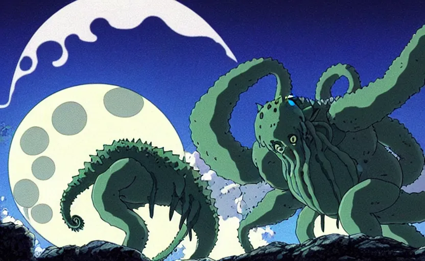 Prompt: a still from a studio ghibli movie of a cartoon cthulhu fighting godzilla from princess mononoke ( 1 9 9 7 ), in front of a pale full moon, full body, wide shot, very dull muted colors, studio ghibli, highly detailed, deviantart, art by artgem