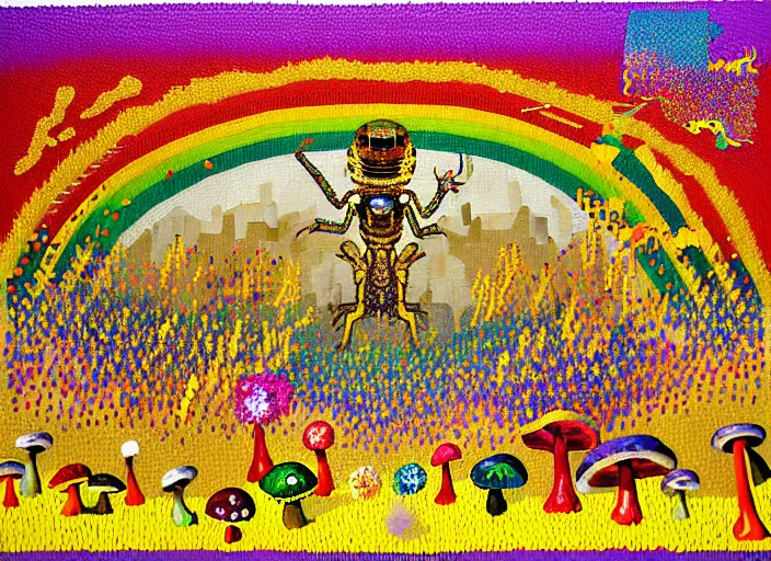 Image similar to pixel decollage painting golden armor alien zombie horseman riding on a crystal bone dragon broken rainbow diamond maggot horse in a blossoming meadow full of colorful mushrooms and golden foil toad blobs in a golden sunset, distant forest horizon, painted by Mark Rothko, Helen Frankenthaler, Danny Fox and Hilma af Klint, pixelated, neo expressionism, semi naive, pastel colors, cinematic, color field painting, cave painting, voxel, pop art look, outsider art, minimalistic. Bill Traylor painting, part by Philip Guston,Amano and Francis Bacon. art by Adrian Ghenie, very coherent symmetrical artwork, cinematic, hyper realism, high detail, octane render, unreal engine, Smooth gradients, depth of field, full body character drawing, extremely detailed, 8k, extreme detail, intricate detail, masterpiece