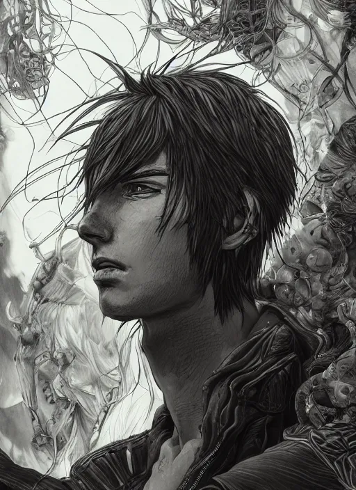 Image similar to portrait of eren yeager, an ultrafine detailed illustration by james jean, intricate linework, bright colors, final fantasy, behance contest winner, vanitas, angular, altermodern, unreal engine 5 highly rendered, global illumination, radiant light, detailed and intricate environment