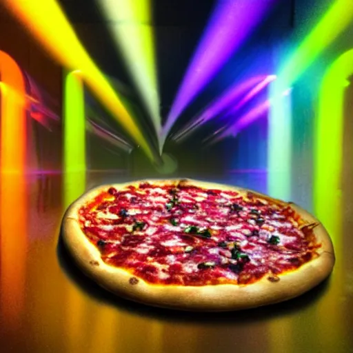 Prompt: digital pizza in a foggy misty room rainbow lights and shadows