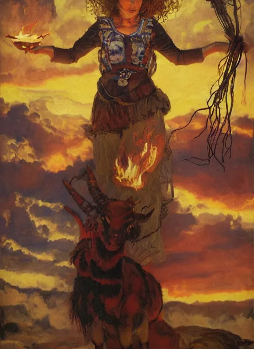 Image similar to symmetry! half length portrait of a bautiful firy witch girl burning with a goat in her hands, glowing fire, clouds, sunset, studio light, by mikhail vrubel, by peter elson, muted colors, extreme detail, trending on artstation, 3 5 mm, 8 k