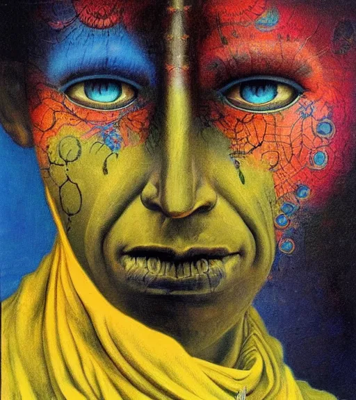 Image similar to Portrait painting in a style of Beksinski mixed with Alex Grey of an old shaman dressed in a colorful traditional clothes. Symmetry