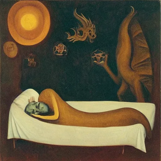 Prompt: portrait of a young sleeping dragon, dimmed light golden foil bed, Leonora Carrington painting