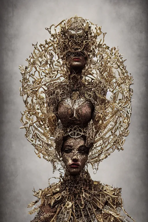 Image similar to a portrait of female by stefan geselle and nekro borja, photorealistic, intricate details, hyper realistic, fantasy, elegant, ornate metal gold headpiece, photorealistic, canon r 3, photography, wide shot, symmetrical features, wide angle shot, low angle shot, standing pose, feet on the ground, wearable art