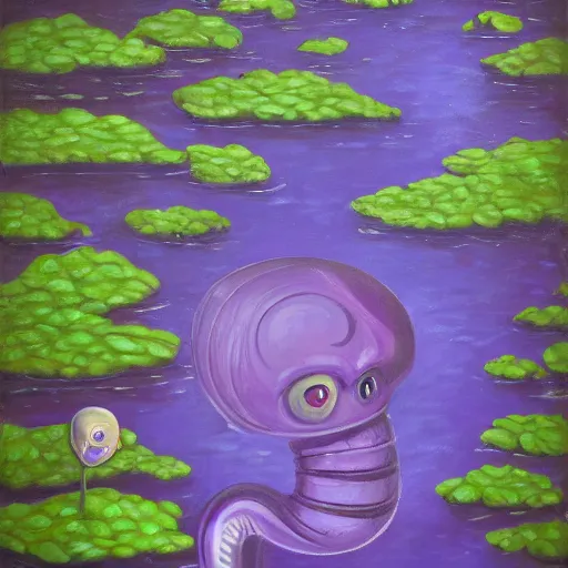 Image similar to a purple head of a small sea serpent with big white eyes, sticking above the water in the mangroves, marshes, trending on artstation, 4 k, video game art, oil painting