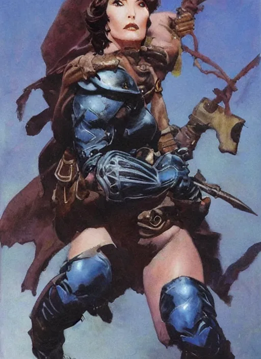 Image similar to portrait of strong female ranger, beautiful! coherent! by frank frazetta, by brom, strong line, deep color, leather armor, short buzzed hair, high contrast