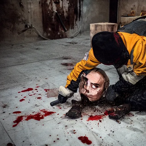 Prompt: putin with a chainsaw and a corpse. in a concrete bunker. focus on putins face with blood splatters. canon eos r 3, f / 1. 4, iso 1 6 0 0, 1 / 8 0 s, 8 k, raw, grainy