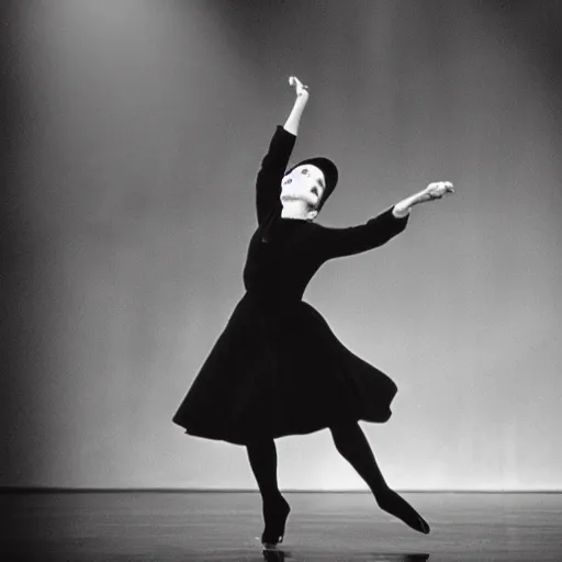 Prompt: julie andrews in all black, dancing alone on stage, dramatic lighting, very detailed photo