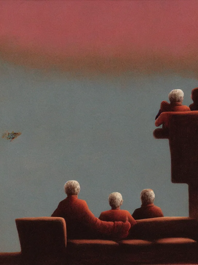 Prompt: old couple sitting on a couch in front of a boy in skies, psx game graphics , Beksinski painting