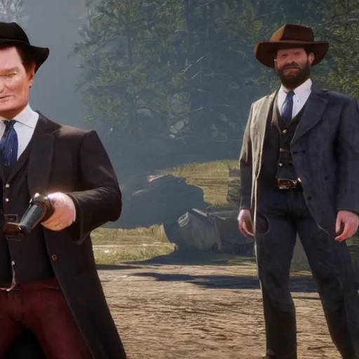 Prompt: Conan O'Brien as a holy preacher, in game screenshot of Red Redemption 2