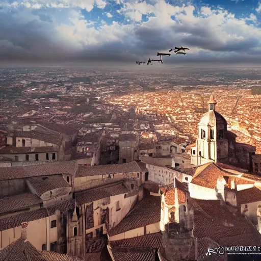 Image similar to the monumental city of caceres with siveth flying over it, dramatic lighting, cinematic, extremly high detail, photorealistic, cinematic lighting, post processed, concept art, artstation, matte painting, style by greg rutkowsky - 1 0 2 4